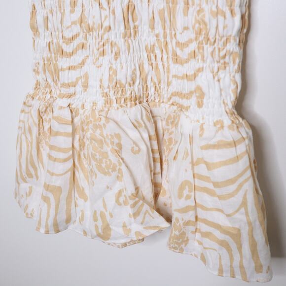 SABO LUXE Camari Linen Dress Smocked Patterned Ruffle Hem White Beige Women's L - Picture 6 of 13